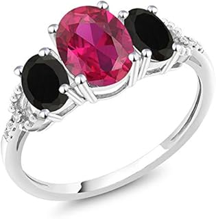 Gem Stone King 10K White Gold Red Created Ruby Black Onyx & Diamond Accent 3-Stone Engagement Ring | 1.98 Cttw | 3 Stone Wedding Engagement Anniversary Promise Ring For Women