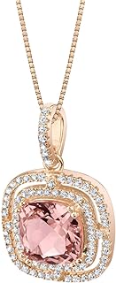 Charming Simulated Morganite Pendant Necklace with Box Chain for Women, Double Halo Design in Rose Gold-tone Sterling Silver, Cushion Cut