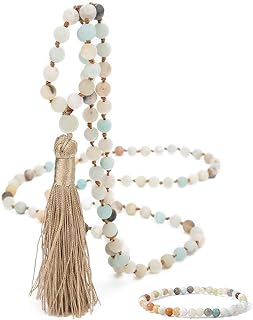108-Count Amazonite Natural Stone Handmade Beaded Tassel Necklace with Bead Chain Design - Elegant and Mystic Jewelry Accessory
