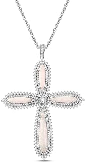 Jewelili “ETERNALLY FAITHFUL” Cross Pendant Necklace Sterling Silver with Cabochon Pear Created Opal and Round Cubic Zirconia, 18" Rolo Chain