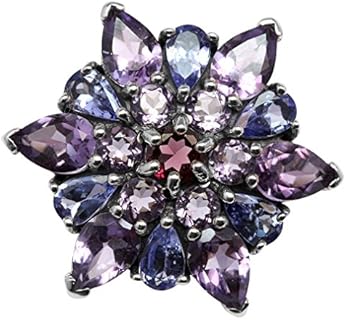 Rhodium-Plated Sterling Silver Cluster Ring with Genuine Amethyst and Tanzanite in Floral Design