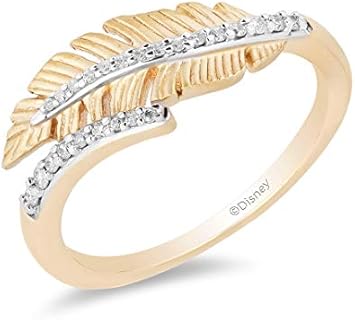 Jewelili Enchanted Disney Fine Jewelry 10K Yellow Gold 1/10 Cttw Diamond Pocahontas Feather Ring.