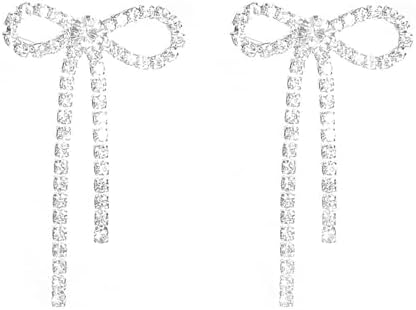 Chic Snap-Back Bow Dangle Earrings with Rhinestones for Women and Girls - Long Tassel Zinc Ribbon Earrings in Silver