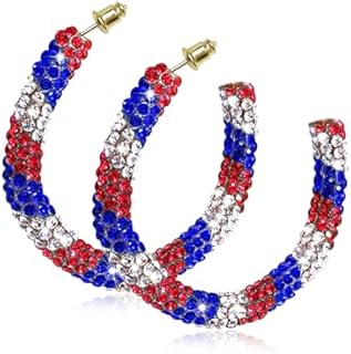 Push-Back Patriotic US Flag Red Hoop Earrings in Gold-Plated Brass for Women with Brilliant Resin Rhinestones