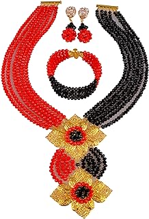 Glass Crystal Nigerian Beads Necklace with Toggle Clasp for Women in Unique Opaque Red-Black Design