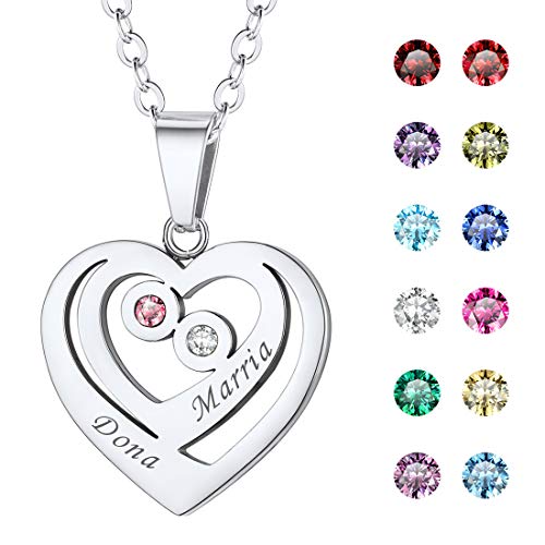 Custom Name Necklace Heart Pendant with 1-5 Names and Birthstone 925 Sterling Silver 18K Gold Plated Personalized Name Plate Birth Stone Necklaces BFF Family Necklace