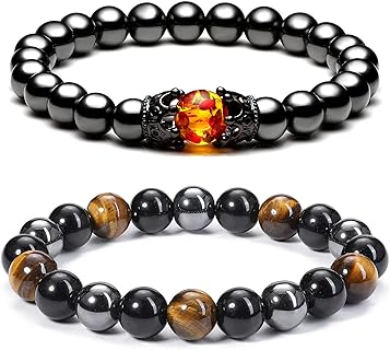 Protection Beads Bracelet with Bead Chain for Men and Women: 10mm Natural Hematite, Black Obsidian and Tiger Eye Healing Crystal Bracelets