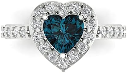 2.03 ct Heart Cut Natural London Blue Topaz 18K Yellow Gold Halo Solitaire W/Accents Wedding Engagement Bridal Promise Ring