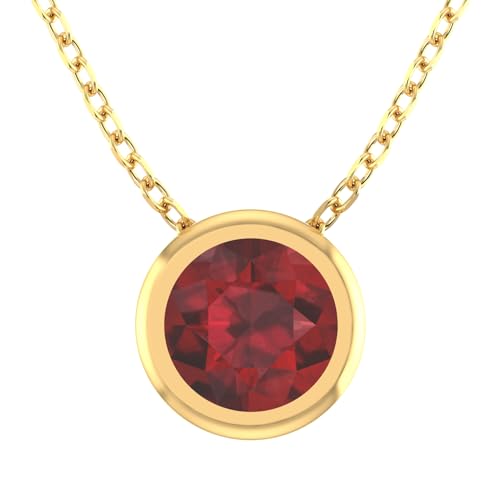 Womens 14K Yellow Gold Pendant Necklace Sparkly 7 mm Round Gemstone 1.48 Carats Swiss 18" Bezel Solitaire Classic Chain Fine Jewelry Gift for Wedding Anniversary