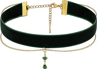 Sacina Women's Zircon-Studded Gothic Green Velvet Choker Necklace with Copper Chain - Perfect for Halloween, Christmas, and New Year Fashion Accessory