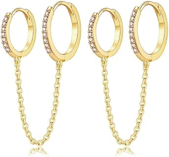 14K Gold Plated Sterling Silver Small Huggie Hoop Earrings with Chain, Cubic Zirconia Embellished for Women, Double Hoop Design