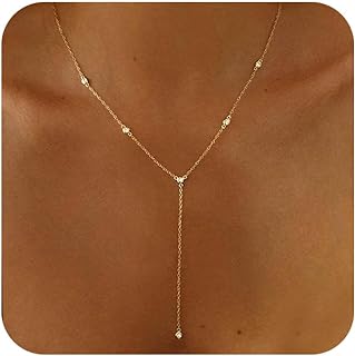 Lariat Necklace for Women，Dainty Gold Long Necklaces 14k Gold Plated CZ Lips Bead Y-Shaped Drop Chain Necklace Simple Gold Layered Necklaces for Women Trendy Gold Jewelry Gifts for Women