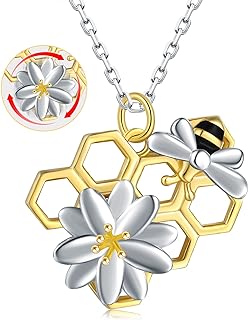 Spinner Sunflower Bee Honeycomb Necklace - 925 Sterling Silver Fidget Anxiety Honeycomb Bumble Bee with Sunflower Jewelry Necklaces for Women, You Are My Sunshine Bumblebee Spinning Pendant Necklace