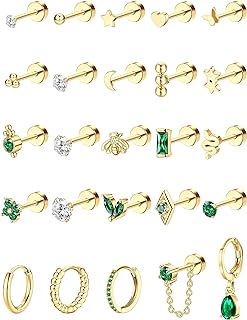 Versatile 14k Gold-Plated Surgical Steel Stud Earring Set with Secure Screw Back & Shimmering Cubic Zirconia Gems – Tiny Gold & Emerald Green, Star-Moon-Snake-Butterfly Design Earrings for Multiple Piercings - Hypoallergenic 20G Jewelry
