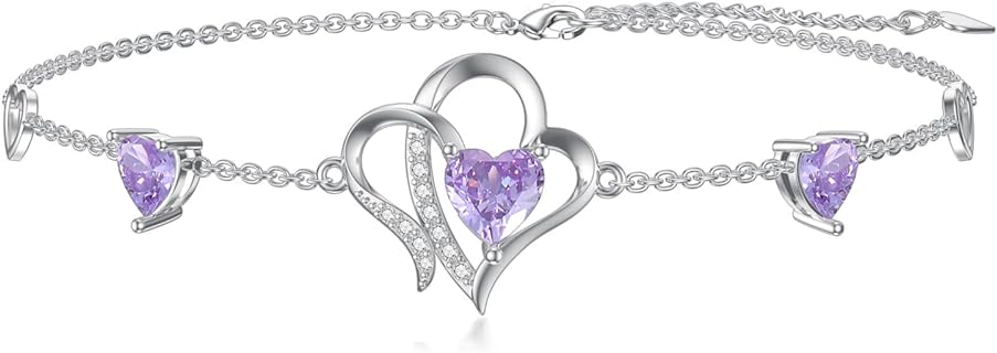 Amethyst Love Heart Bangle Bracelet with Sterling Silver Chain for Women - Adjustable, Heart-shaped Design Jewelry Gift