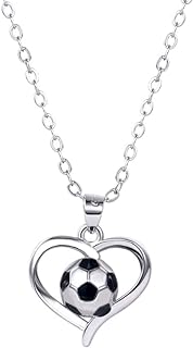 Lobster-Claw Clasp Cubic Zirconia Soccer Heart Pendant for Women with Rolo Chain - Stainless Steel Dainty Sports Inspired Jewelry