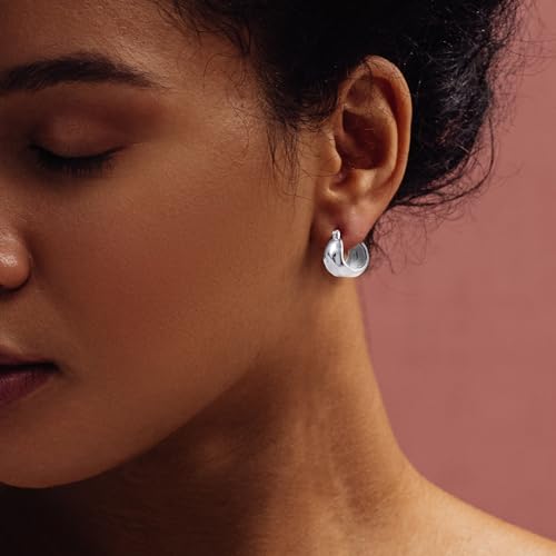 925 Sterling Silver Hammered Small Chunky Hoop Earrings for Women Hypoallergenic Texture Thick Hoop Earrings Wide Hoop Earrings