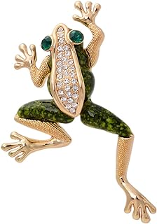 Vintage Gold-Tone Green Enamel Frog Pin Brooch with Austrian Crystals, Lucky Animal Symbol for Unique Accessorizing, Artistic Frog Design