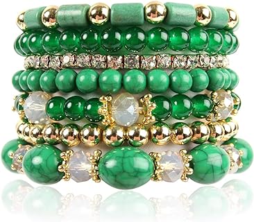 RIAH FASHION Multi Layer Bead Bracelet - Colorful Stacking Beaded Strand Stretch Cuff Statement Bangles Set