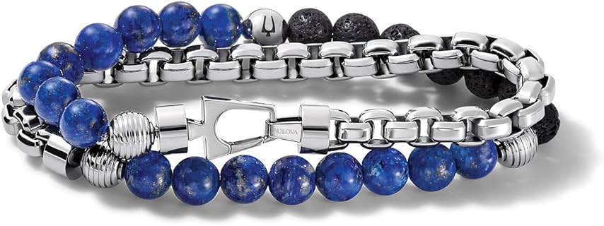 Men's Classic Double-Wrap Box Chain and Beaded Bracelet with Tuning Fork Closure