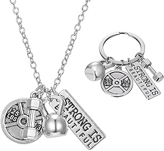 RINHOO Unisex Stainless Steel Fitness Weightlifting Gym with Quotes Workout Weight Plate Barbell Dumbbell Exercise Charms Pendant Necklace White Gold Plated/Gold Plated