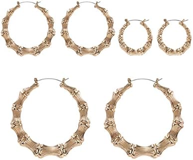 3Pairs Punk Bamboo Big Hoop Earrings for Girl Women Exaggerated Rock 14K Gold Silver Plated Polished Round Circle Geometric Loop Earrings Hip Hop Statement Jewelry Gift