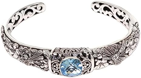 NOVICA Artisan Handmade Blue Topaz Cuff Bracelet Sterling Silver from Indonesia Leaf Tree Birthstone Dragonfly [6 in L (end to End) x 0.6 in W] ' Sacred Garden in Blue'