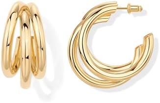 PAVOI 14K Gold Plated Chunky Multi Hoop Earrings for Women | Hypoallergenic Trendy Triple Split Loop Huggie Earrings