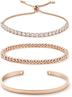 Starain 18K Gold Plated Tennis Bracelets for Women White Cubic Zirconia Bling Bracelet,Gold Copper Beaded Bracelet Cuff Bracelet Set