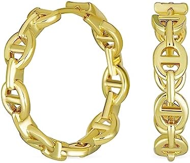 Classic Round Paper Clip Link Open Anchor Puff Mariner Chain Link Hoop Earrings Women Silver or 14K Gold Plated 1.25 Inch Medium Size