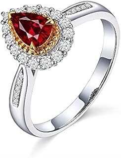 Lapoll Solid 14K White Gold Pear Shape Natural Genuine Ruby Ring with Diamonds Engagement Wedding Band for Women