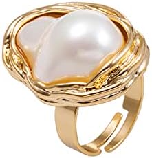 Irregular Pearl Ring for Women 18K Gold Baroque Pearl Ring Silver Geometrical Statement Ring Fashion Wedding Jewelry Gifts for Women Girls
