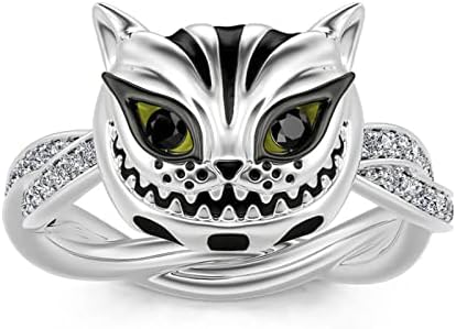 Jeulia Sterling Silver Cheshire Cat Rings for Women ​Enamel Rings Handmade Diamond White Fancy Black Cubic Zirconia ​Bridal Set Wedding Anniversary Engagement Promise with Jewelry Gift Box