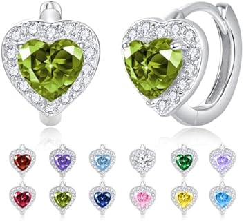 Dreamboat 12 Birthstone Heart Small Hoop Earrings 925 Sterling Silver Cubic Zirconia Heart Huggie Earrings Valentine's Day Birthday Wedding Jewelry Gifts for Women Girls