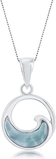 Sterling Silver Natural Larimar Wave Round 18" Pendant Necklace