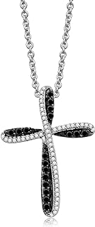 Sterling Silver Lobster-Claw Clasp Black & White Diamond Cross Pendant Necklace with Rolo Chain for Men & Women - Indian Origin, 18 Inch Length, 19mm Width