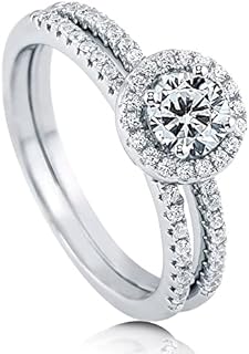 BERRICLE Cubic Zirconia Halo Engagement Sterling Silver Ring Set for Women - Rhodium Plated, Elegant Round Design, Size 4-10