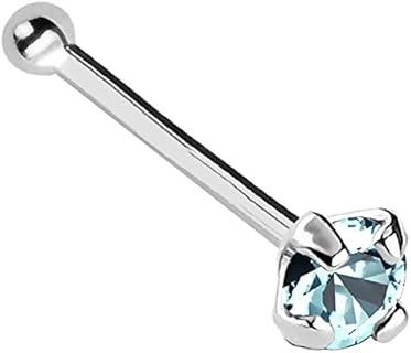 Jewelry Avalanche 22G Solid 14Kt Gold Nose Bone Stud with Prong Set real Aquamarine Gemstone, 14kt Yellow Gold or 14kt White Gold - March Birthstone Nose Ring