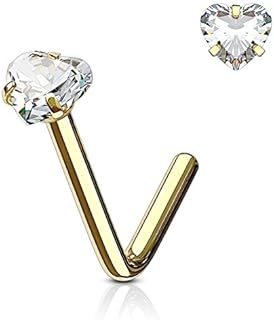 Forbidden Body Jewelry Heart Nose Ring, Heart Nose Stud, L Nose Rings, Heart Nose Rings, 18g 6mm Surgical Steel L Shaped Nose Ring with 3mm Heart CZ Crystal