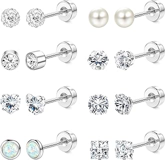 JeweBella Pendientes Pequeños de Acero Quirúrgico Hipoalergénicos con Zirconia, Ópalo y Perlas, 6 mm, Ideal para Mujeres y Niñas con Oídos Sensibles, Incluye Caja de Regalo