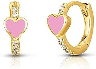 Pink Heart Love CZ Mini Small Hoop Cartilage Tragus Hypoallergenic Earrings for Women Teen Girls Little Girls Sensitive Ear 925 Sterling Silver Post Gold Plated Cuff Sleeper Hinged Cute Tiny Huggie
