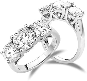 DovEggs 3 Stone Engagement Rings for Women,Moissanite Ring,4ct Center 6.5mm-8mm-6.5mm GHI Color Heart Arrows Cut Moissanite Wedding Rings Anniversary 14K Gold QUALITY Sterling Silver