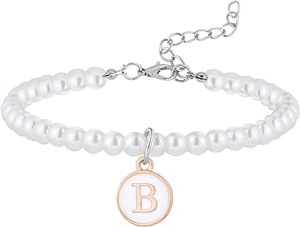 Lobster Claw Clasp, Faux Pearl Beaded Initial Bracelet, Bead Chain Type, No Gemstone, Women's Silver & Brass Adjustable Alphabet Design