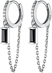 Black CZ Sterling Silver Threader Hoop Earrings with Dainty Chain Dangle for Women, Men, and Girls - Hypoallergenic Small Huggie Hoops with Hinged Hoop Closure - Fashionable and Minimalist Design for Sensitive Ears
