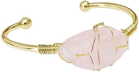 Rose Quartz Cuff Bracelets, Gold Plated Wire Wrapped Irregular Natural Gemstone Cuff Bangle for Women, Handmade Adjustable Cuff Bracelets for Large Wrists