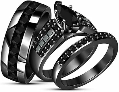 14K Black Gold Over Marquise & Round Cut Diamond Wedding Ring Set in Sterling Silver for Couples - Adjustable Size, Unique Engagement Trio Set Design