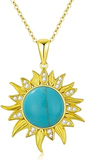 925 Sterling Silver Sunburst Necklace Pendant with Rolo Chain and Turquoise Gem for Women and Girls