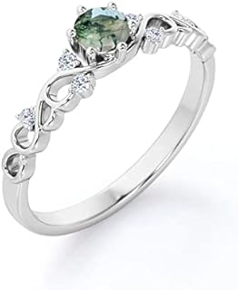 Natural Moss Agate Ring 925 Sterling Silver Green Moss Agate Ring Promise Ring Engagement Wedding Jewelry Gift for Women-Seven Stone