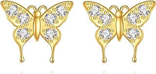 DOVRAN 14K Yellow Gold Butterfly & Bee Cubic Zirconia Stud Earrings with Screw Back Design for Women and Girls