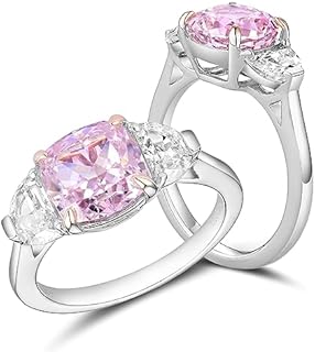 DovEggs Three Stone Engagement Rings for Women 5.2ctw Total Center 8x8mm Pink Color Special Quality Crushed Ice Cushion Cut cz with 2 Half Moon 14K QUALITY Sterling Silver Anniversary Wedding Rings